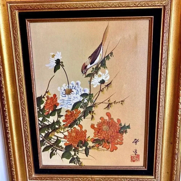 Vintage Royal Chinese Painting Bird Floral Scene Black Velvet Trim Gold Frame - Picture 4 of 15